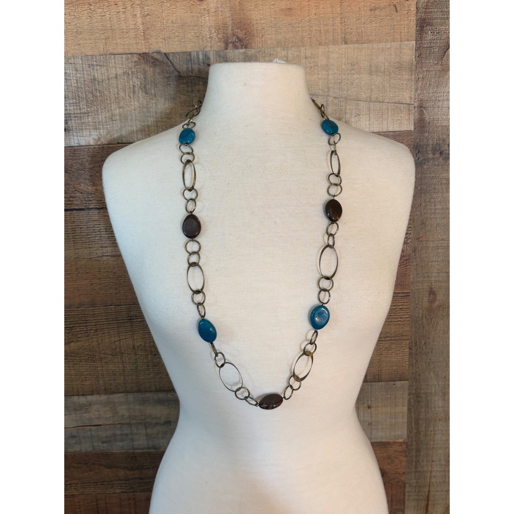 Long Station Necklace Antique Brass Teal Blue Brown Resin Bead Boho